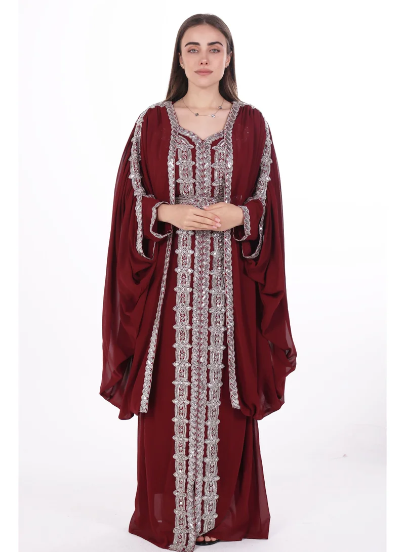 AL BENT AL SHARQIEH burgundy emboidered chiffon kaftan dress for Women | Best Price UAE